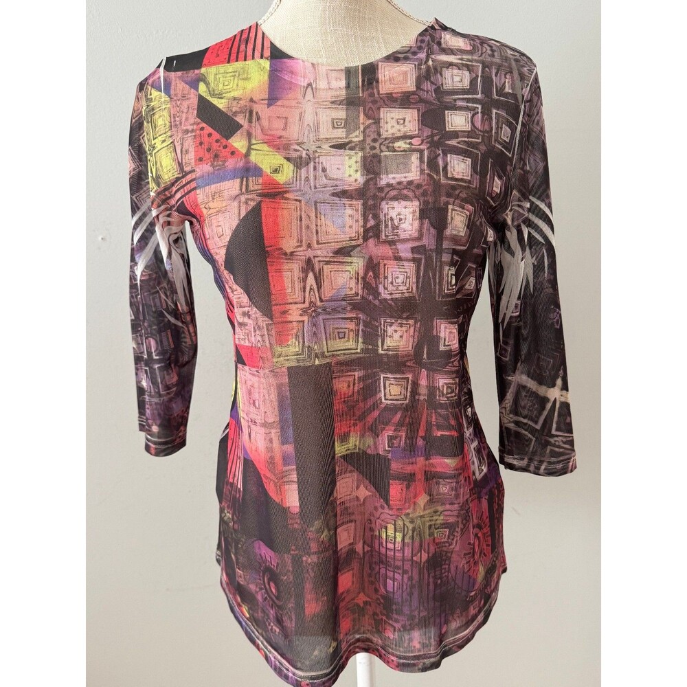 Vintage Inoah Sheer Blouse Abstract Print Art Lightweight Stretch USA Size S Y2K